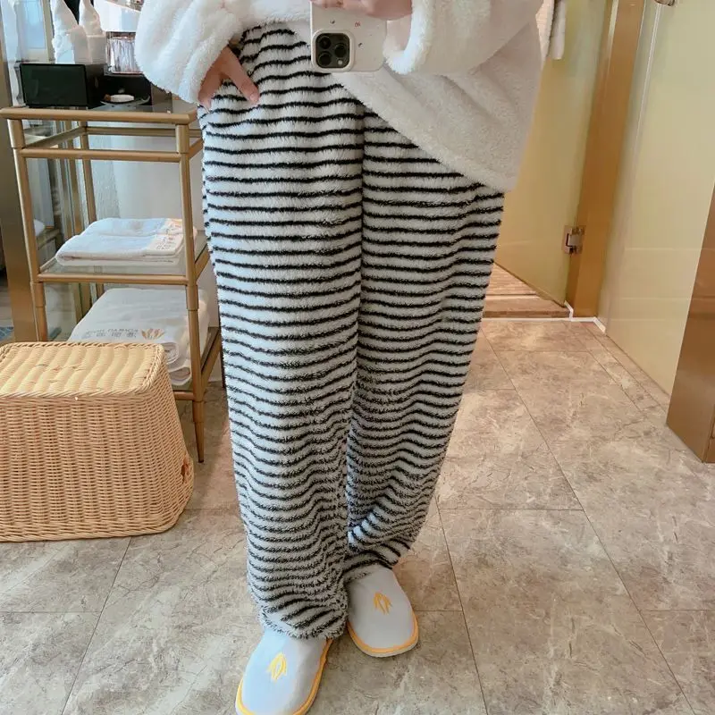 Striped Sleepwear Women Pajama Sets Fleece Korean Piiama Winter Night Wears Long Sleeve Home Suit Warm Casual Sets 2 Pieces New