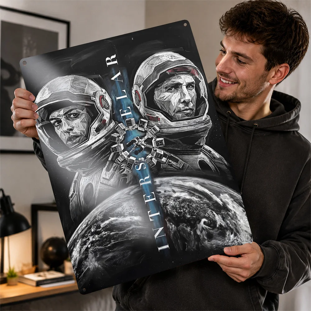 Interstellar Astronaut Duo Aluminum Poster Personalized Metal Sign Cosmic Screen Style Wall Art Loved By Future Story Admirers