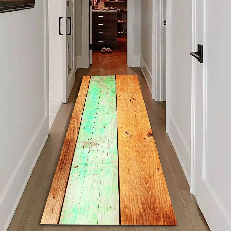 VIKAMA Distressed Green Orange Wood Plank Runner Rug, Weathered Wooden Board Long Hallway Mat Non Slip Washable Entryway Carpet - view 5