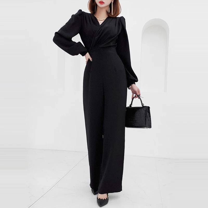 New Autumn Elegant Woman Jumpsuit Outfit Long Sleeve V Neck High Waist Slim Wide Leg Pants Rompers Playsuits Female Overalls