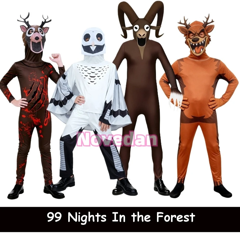 99 Nächte im Wald Kostüm Kinder Erwachsene Hirsch Eule Ziege Overall Maske Cosplay Halloween Weihnachten Party Karneval Kostüm Anzug