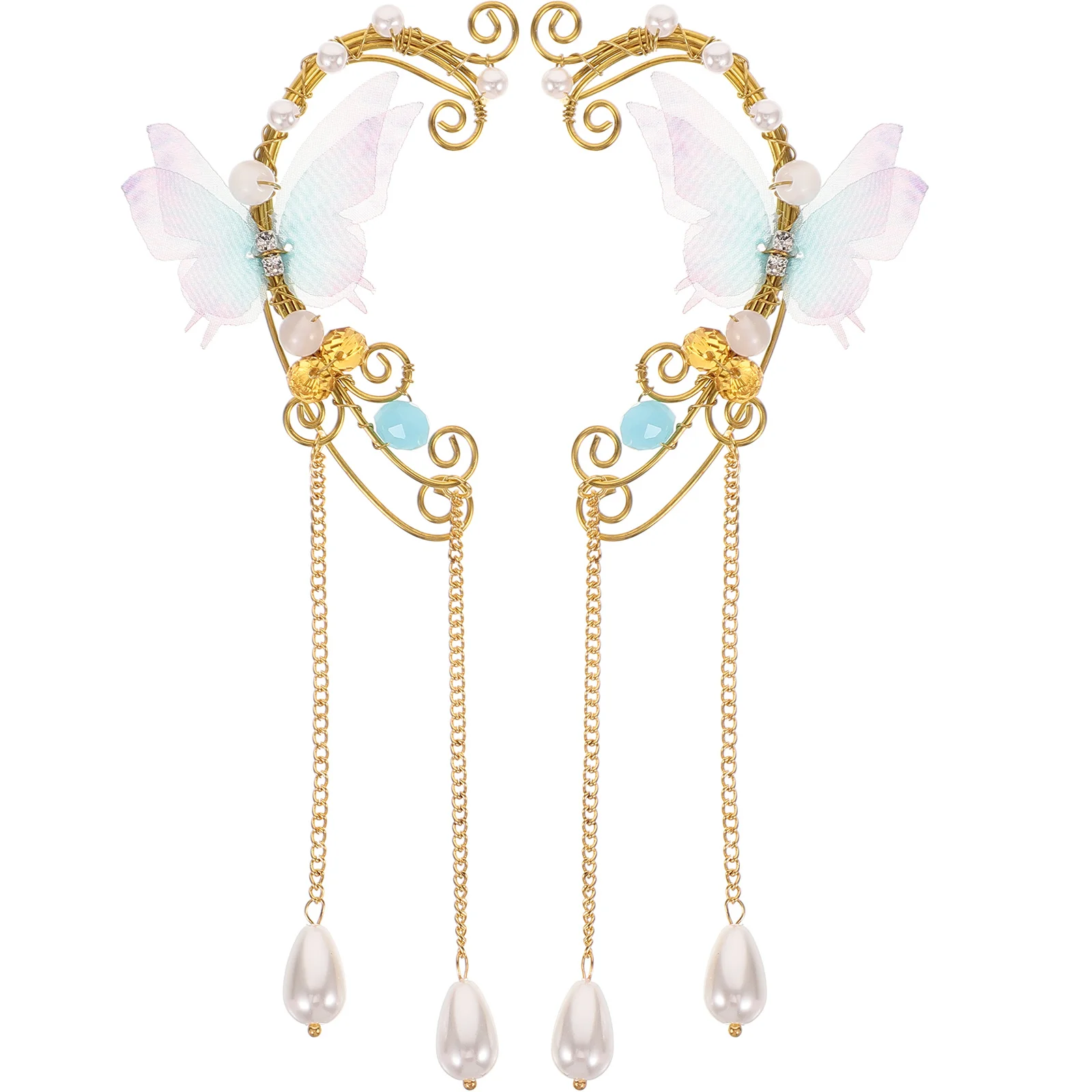 

1Pair Women Elf Ear Cuffs Butterflies Pearl Clip on Earrings Non Piercing Ear Decorations Lightweight Fairy Jewelry