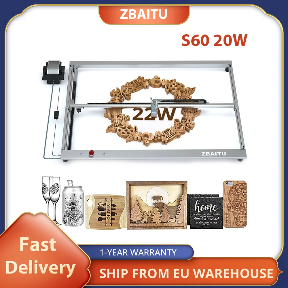 ZBAITU S60 20W Laser Engraver Cutter, 600mm/s Engraving Speed, Air Assist Nozzle, Emergency Stop Button,Eye Protection, 80x60cm