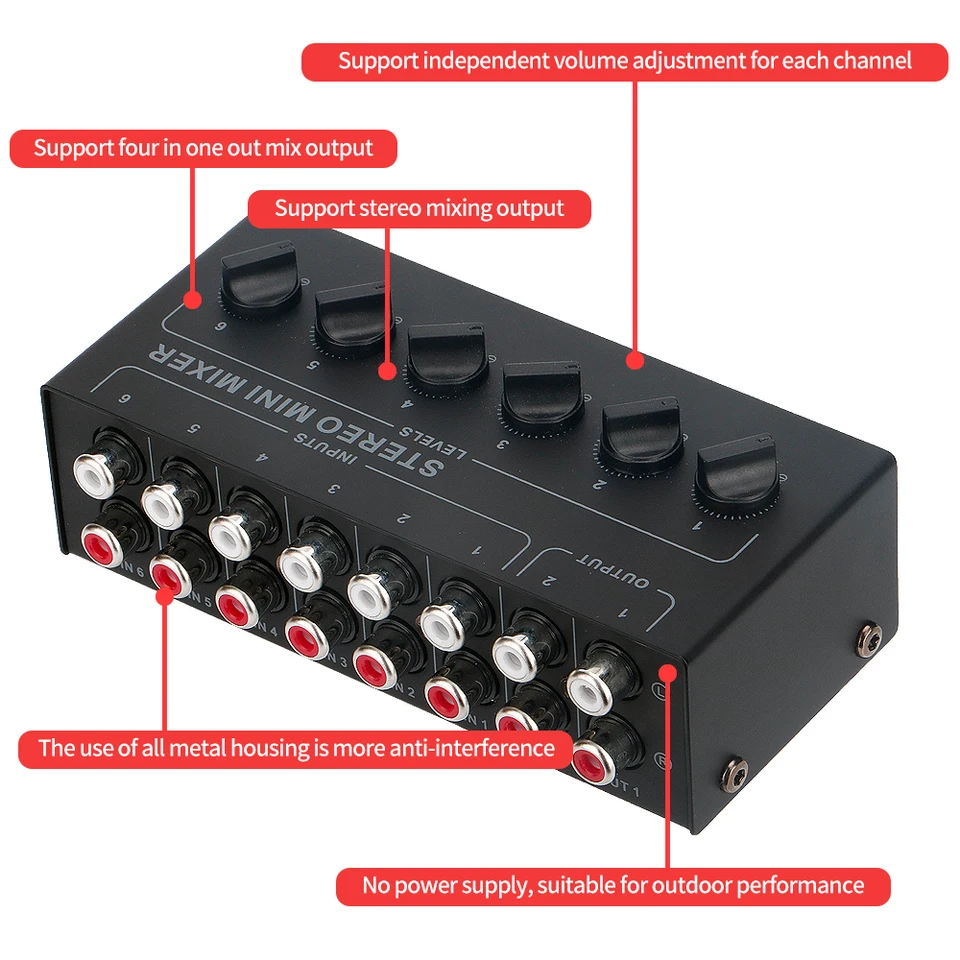 ミキサー】STEREO Passive MIXER Type-R【RCA】 4 6 Channels Passive Stereo Mixer Mini Audio Mixer Portable Sound