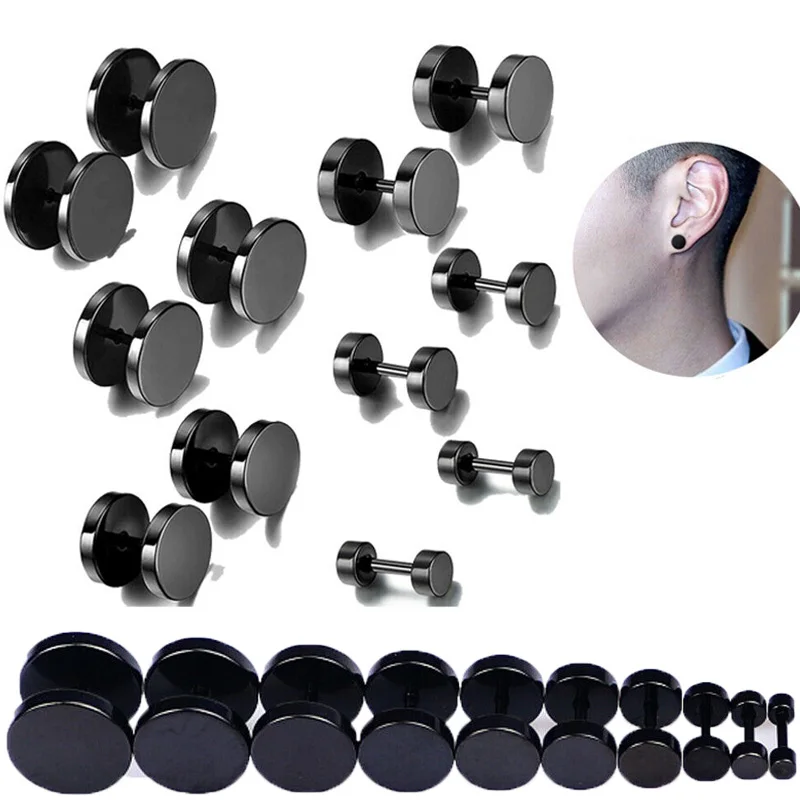 5 Pairs 6-14mm Stainless Steel 18G Black Ear Studs Round Barbell Dumbbell Punk Earrings For Womens Mens Body Piercing Jewelry