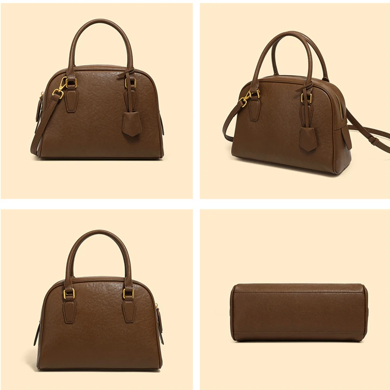 Burminsa جلد البقر البولينج حقائب يد جلدية حقيقية للنساء 2025 مصمم فاخر بوسطن حمل العمل السيدات حقائب الكتف Crossbody