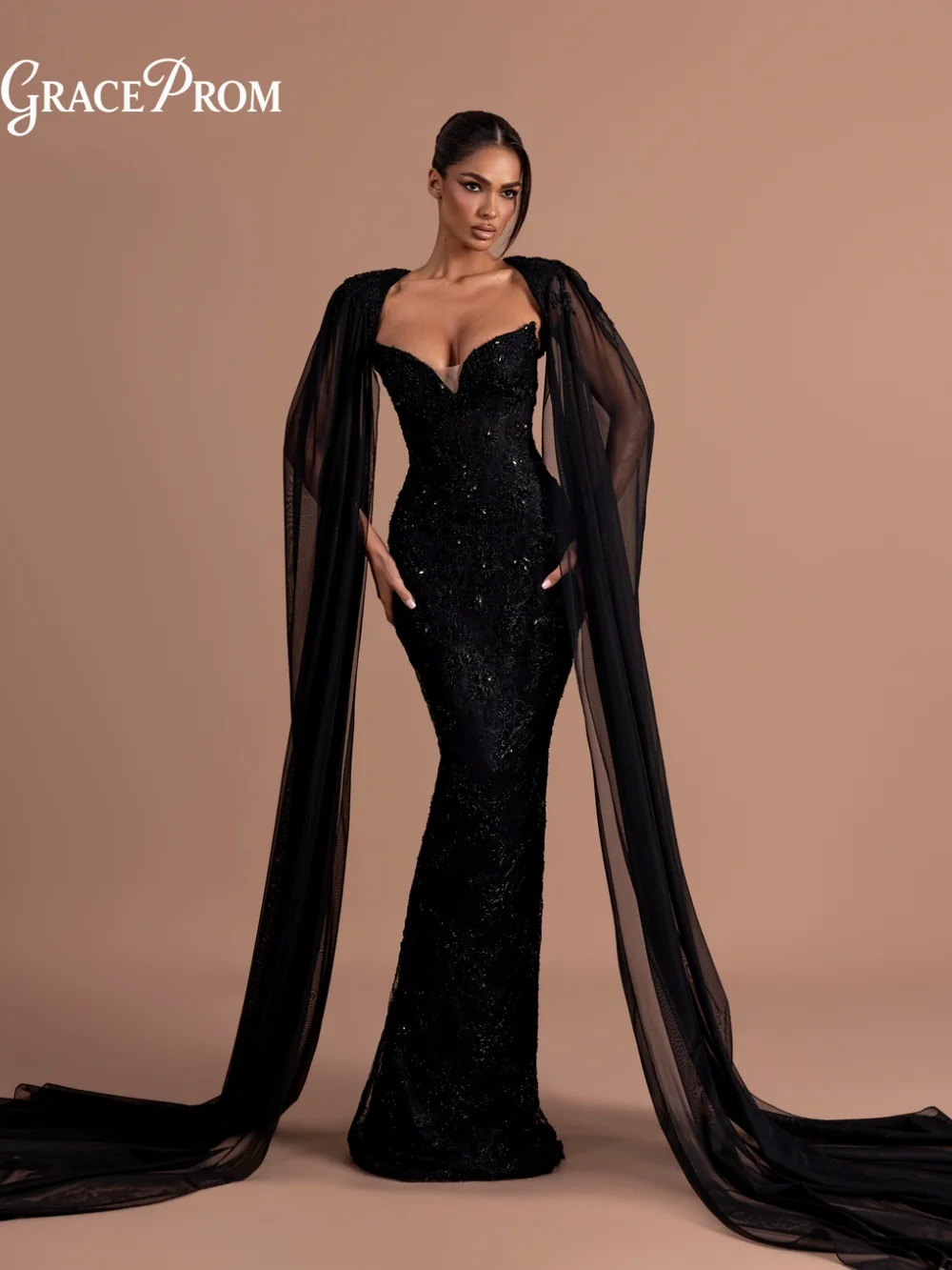 

Majestic Sweetheart Evening Gown Opulent Flowing Cape Sleeves Lace Beaded Formal Party Dress For Wedding Guests فساتين سهرة