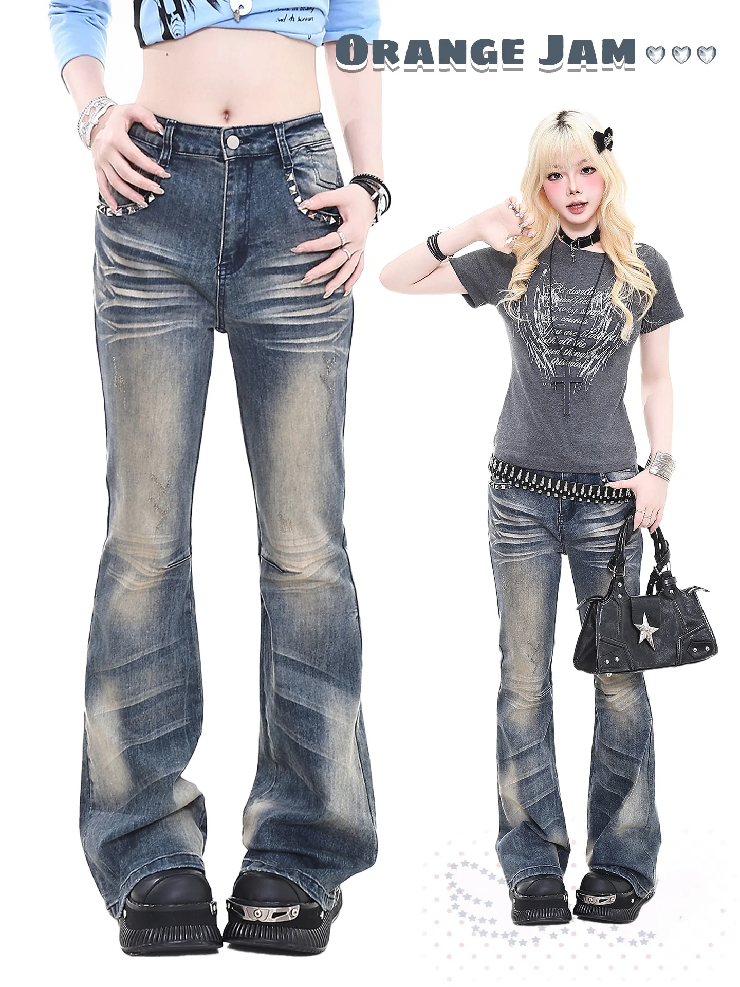 

Slim Fit Bell Bottom Jeans Women's Vintage Rivet Decorated Hot Girl Orange Marmalade Denim Pants Casual Summer Jeans
