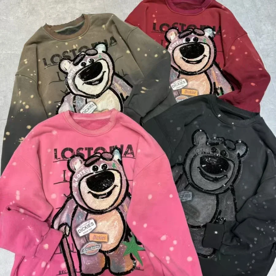 European Goods Heavy Industry Bead Graffiti Cartoon Bear Fleece Thickened Loose Design Sweatshirts Women 2024 Autumn Winter New