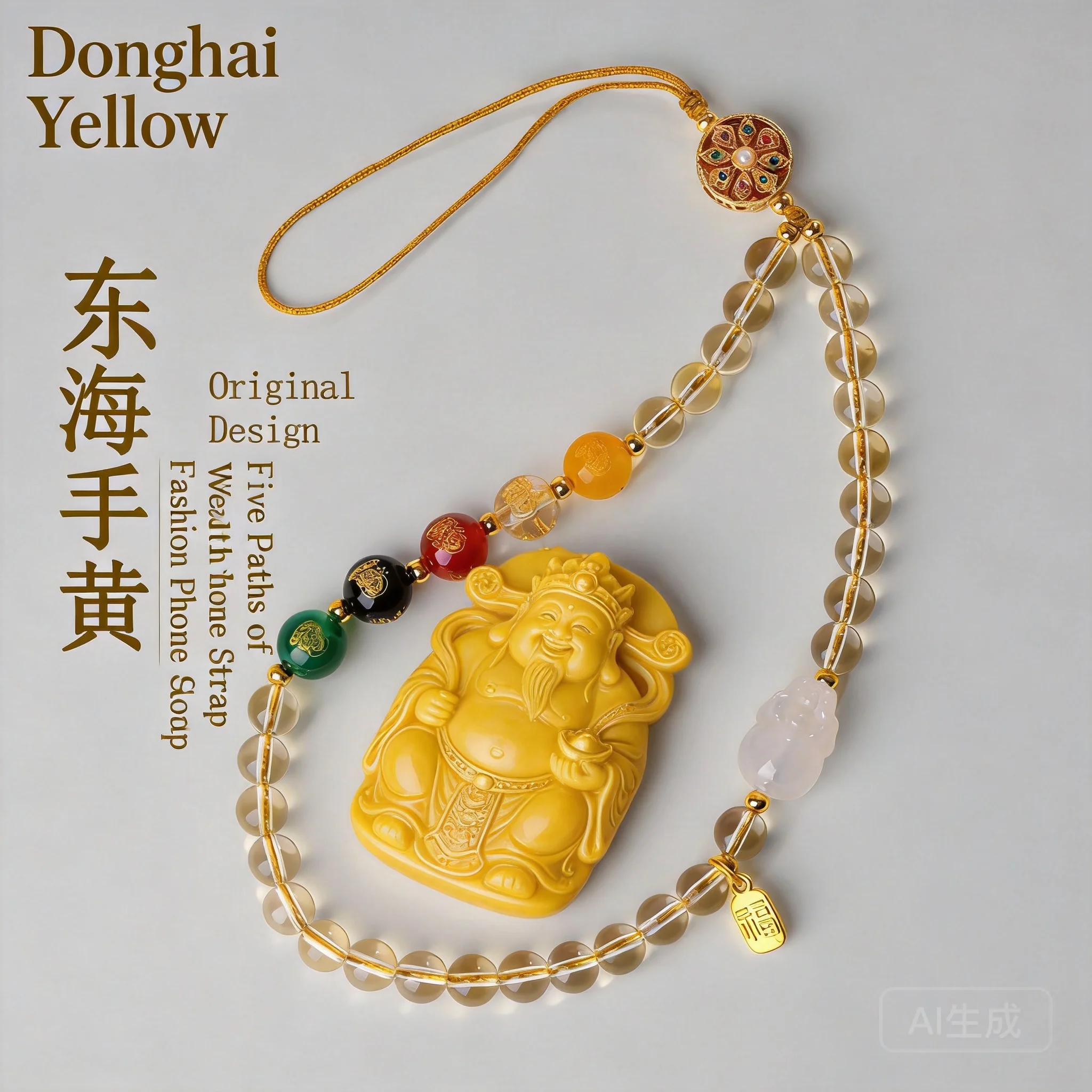 

Chinese Style Lucky Natural Citrine Five Way Wealth God Agate Pixiu Phone Lanyard Keychain Bag Pendant Fortune Attracting Blessi