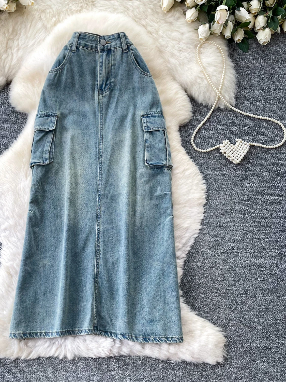 

High Waist A-Line Skirt with Pockets Korean Style Commuter Friendly Slimming Versatile Mid-Length Denim Skirt for Women
