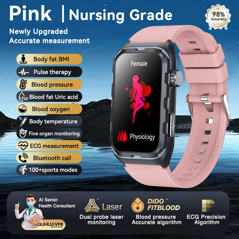 2025 New Nursing Grade ECG+PPG Pulse therapy Smartwatch Men Blood lipid Uric acid Bluetooth call Health Bracelet For Android iOS