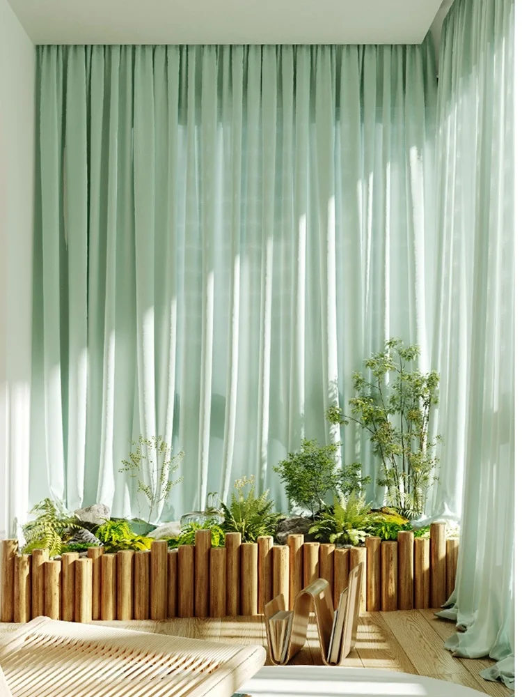 

Lightweight green curtains light luxury curtains for bedroom window study window yoga room anti-sight lens sheer curtains custom