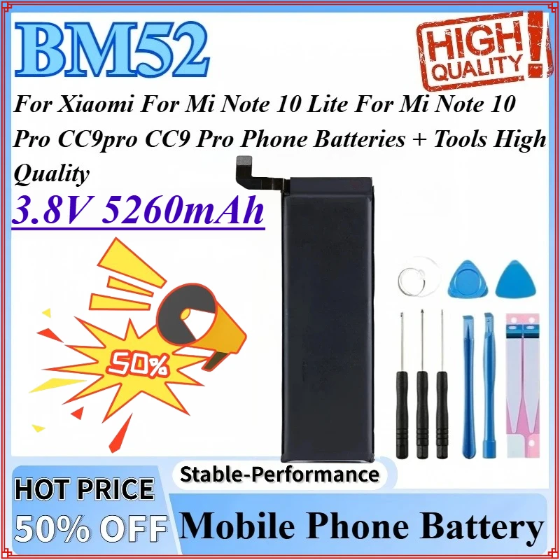 

3.8V 5260mAh BM52 Battery For Mi Note 10 Pro CC9pro CC9 Pro For Xiaomi For Mi Note 10 Lite Phone Batteries + Tools High Quality