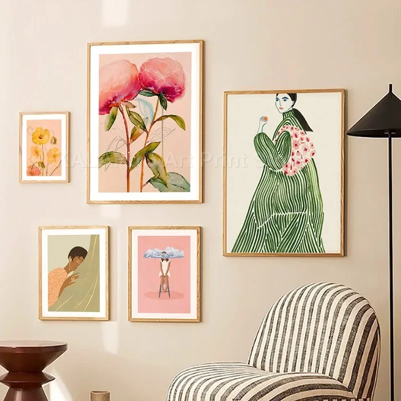 Abstracte Kleurrijke Vrouw Bloem Minimalistische Illustratie Muur Kunst Canvas Schilderij Posters En Print Foto Voor Woonkamer Decor