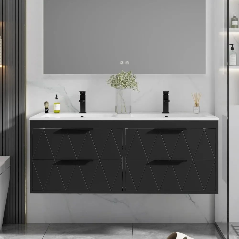 

48" Bathroom Vanities Cabinet with Sink Combo,Wall Mounted Floating Cabinet W/Decor Line, Soft-Close System, 4 Extra Big Drawers