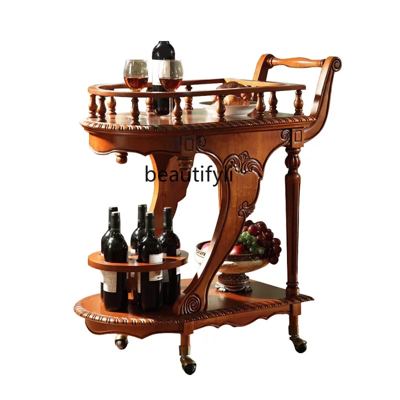 American-Style Solid Wood Trolley Retro High-End Dining Car Household Restaurant Mobile European-Style Double-Layer Tea Weagon