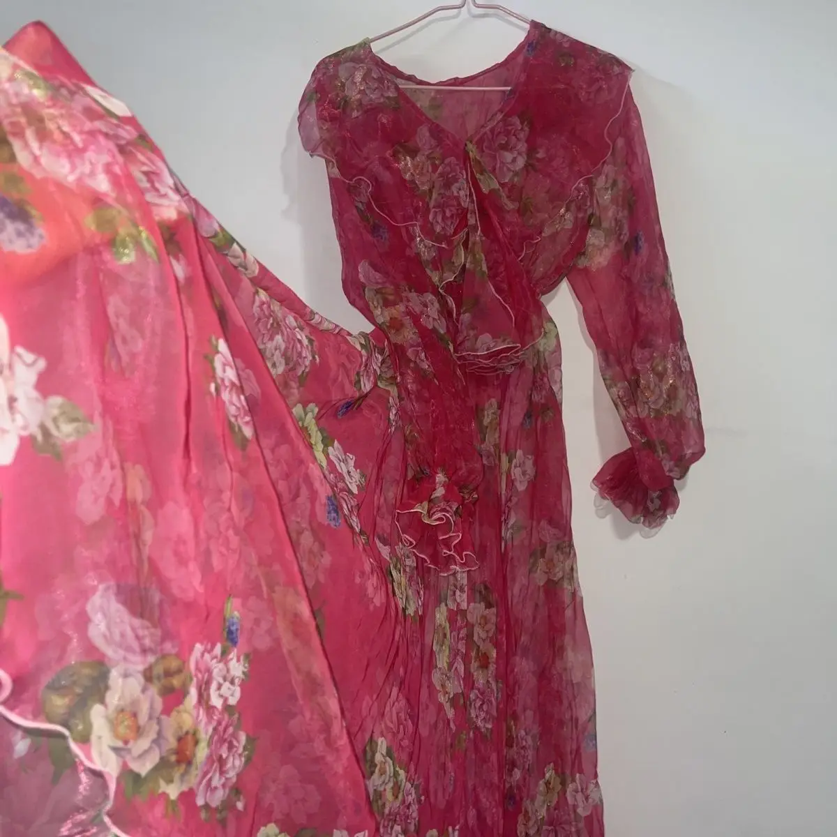 

Floral Print See Through Women Mesh Tulle Long Sleeve Dress Loose Maxi Dress Plus Size Sleeping Pajamas Robe