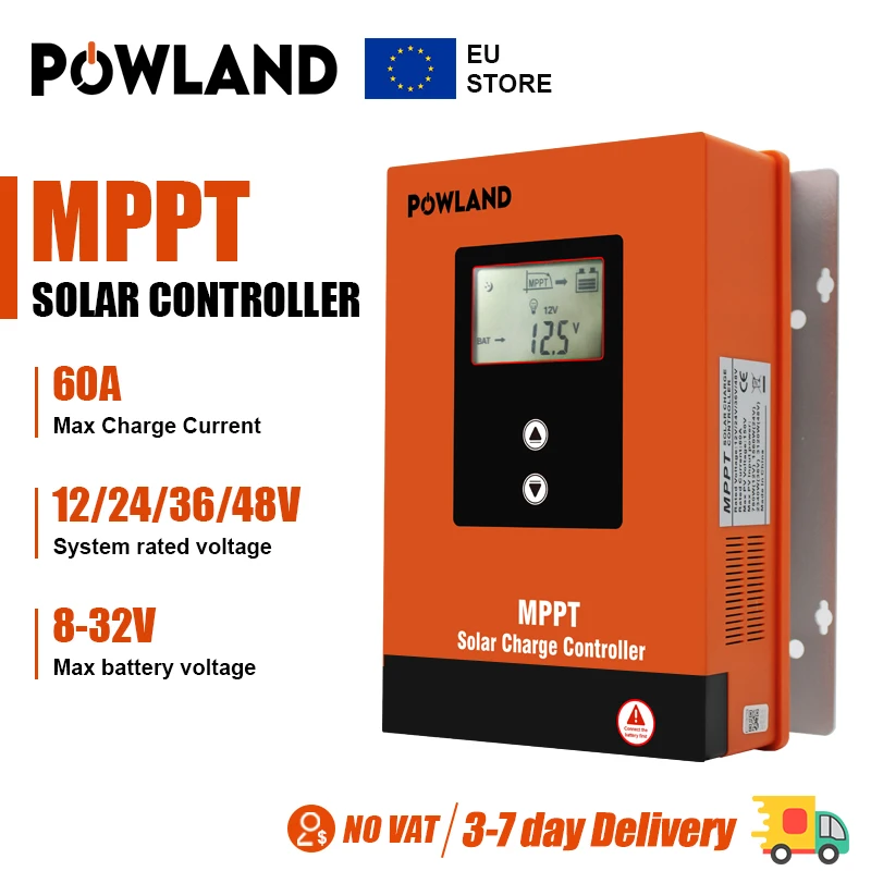 POWLAND 60A MPPT Solar Charge Controller 12V 24V 36V 48V Battery Charge Regulator 60A Solar Controller LCD Max PV 150VDC Input