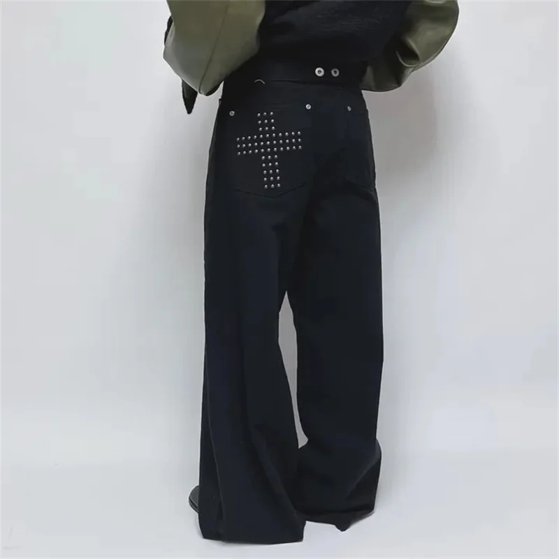 

Loose Cross Blade Casual Pants Pure Color Rivet High Waist Wide Leg Jeans Cotton Denim Casual Style Four Seasons Universal
