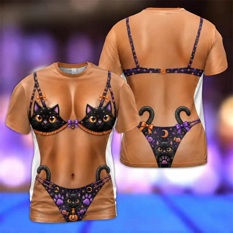 Unisex Halloween 3D Fake Bikini Body Print T‑Shirt, Funny Illusion Tee Candy Ghost Skull Black Cat Spider Tops for Men Women - view 2