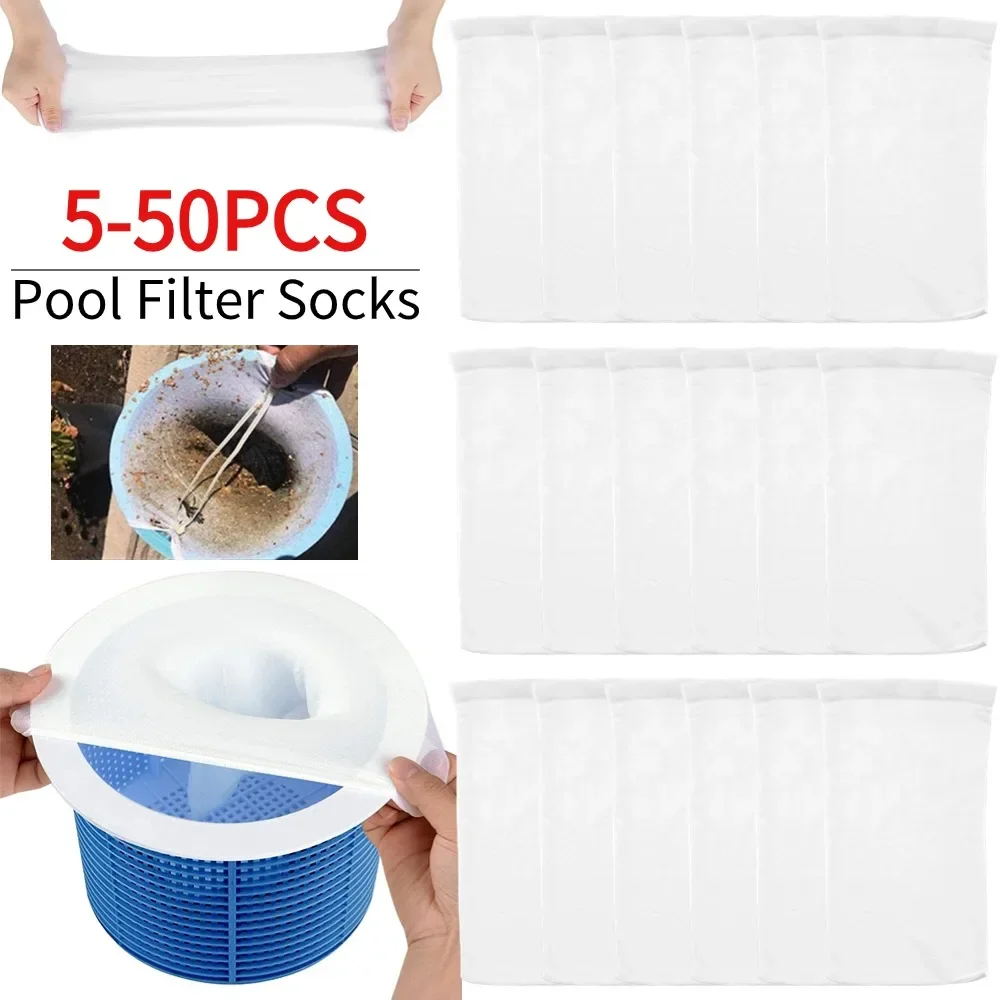 5-50pcs Pool Skimmer Socks Elastic Nylon Mesh Design Pond Debris Leaves Filters Basket Skimmers Swimming Pool Clean Accessories