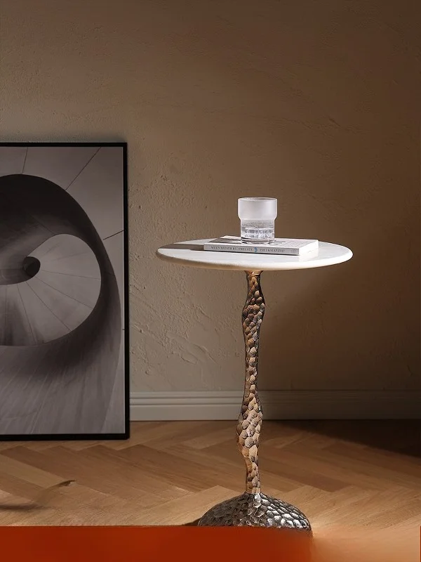 Home Sofa Mobile Side Table Light Luxury India Imported Hammer Pattern Aluminum Marble Small Coffee Table Small Round Table