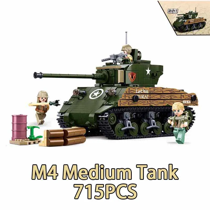 SLUBAN Military WW2 Pacific War Scenario M4 Medium Tank Aircrafts Model Building Blocks Soldier Dolls Sets Brick Kids Toys Gifts