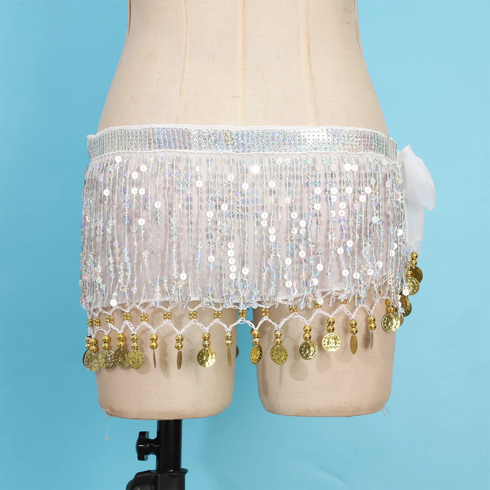 Écharpe de hanche de danse du ventre d'Halloween, gland de paillettes, perles en plastique, paillettes en métal, jupe en maille à lacets, vêtements de danse pour Cha-Cha Samba