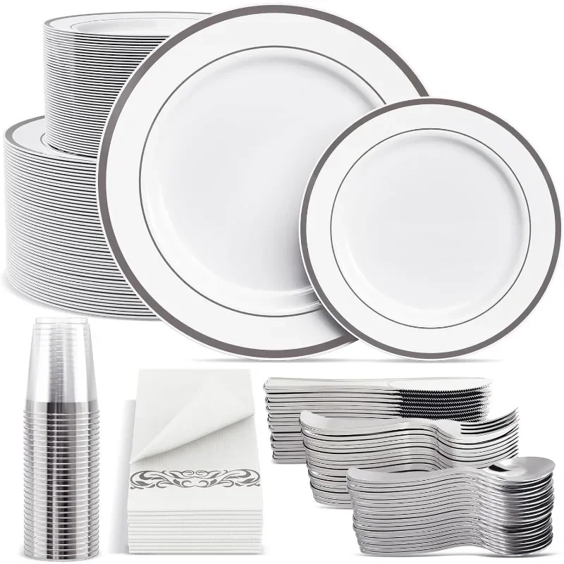 700 Count Dinnerware Set-200 White and Silver Plastic Plates-Set of 300 Silver Plastic Silverware-100 Silver Plastic Cups