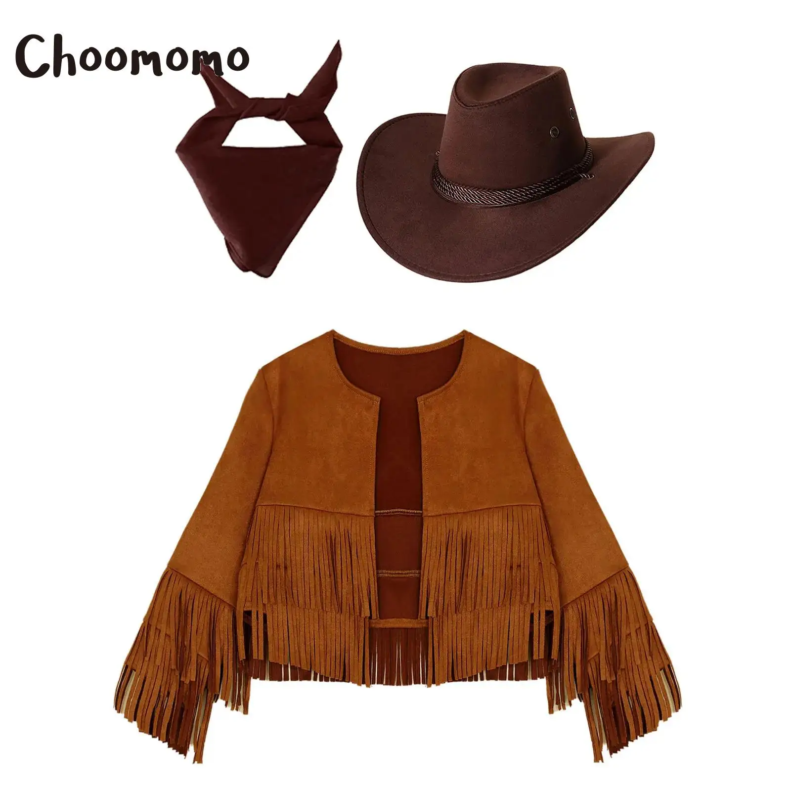 Unisex Kids Western Cowboy Costume Open Front Cowboy Suede Vest Tassels Fringe Waistcoat And Hat Bandanna Set Halloween Dress Up view 2