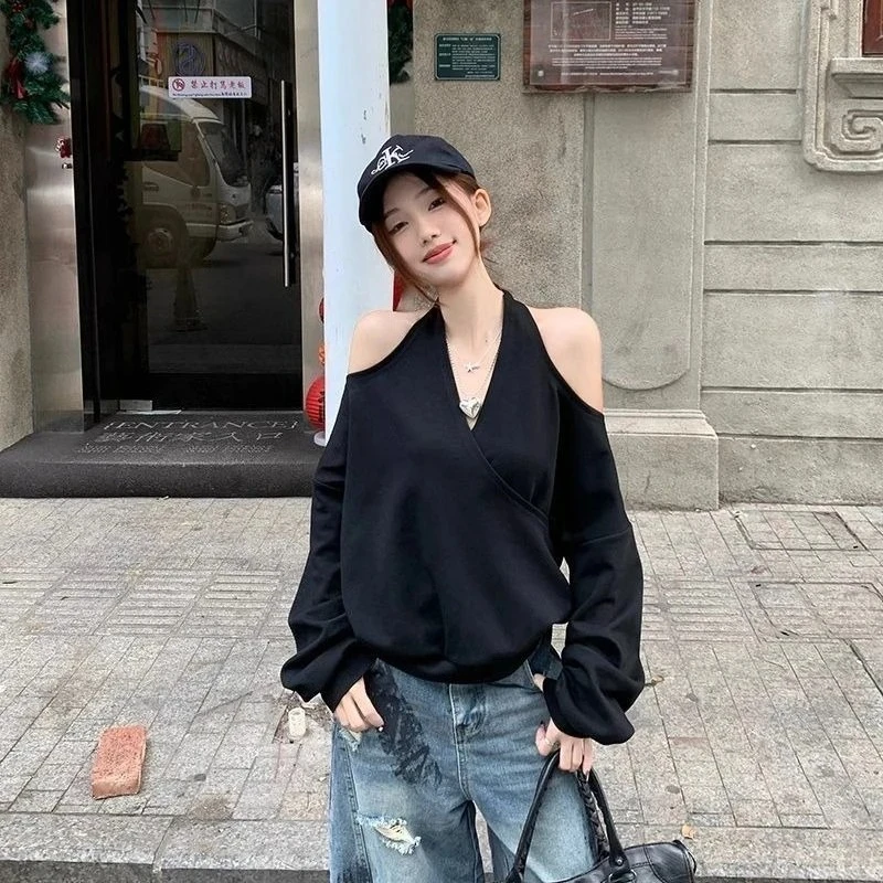 

Deeptown Casual Off Shoulder Sweatshirts Women Sexy Korean Style Loose Pullovers Harajuku Y2k Fashion Long Sleeve Sweatshirts