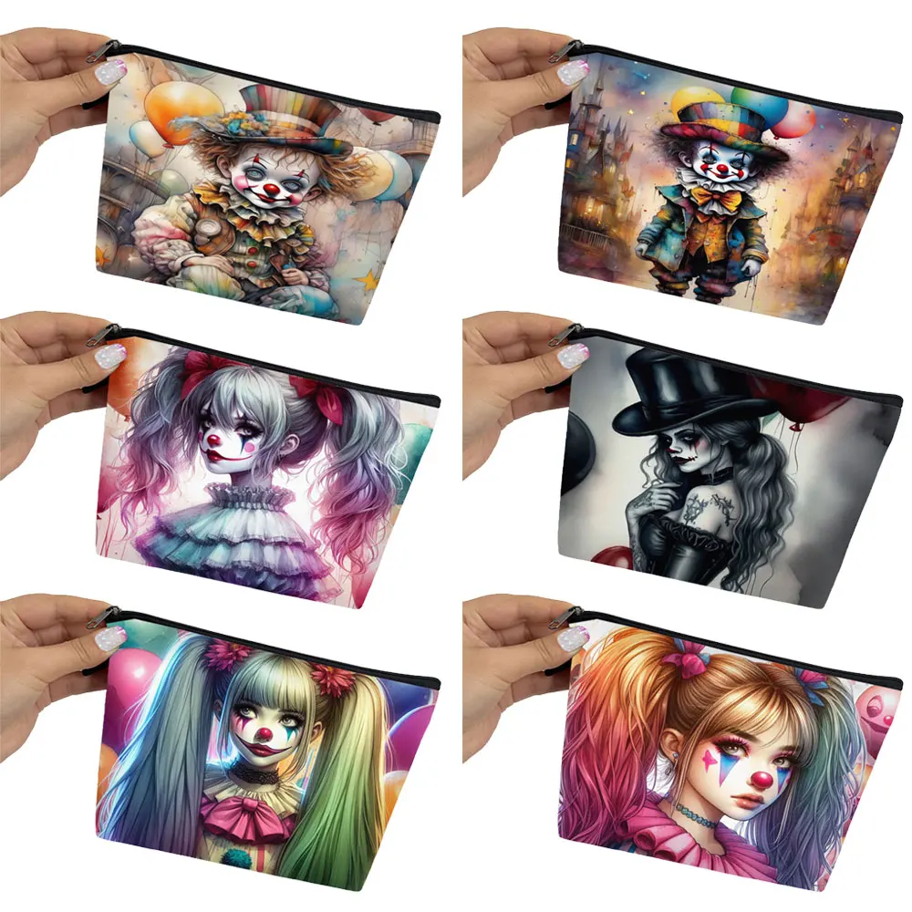 Watercolor Clown Girl and Boy Pattern Cosmetic Bag Gothic Clown Women Jewelry Holder Makeup Bag Lipstick Organizer Zipper Pouch