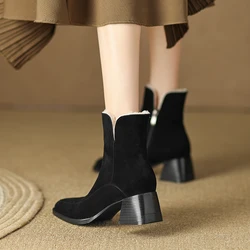 2024 Winter Genuine Leather Women Boots  Women Shoes Square Toe Chunky Heel Snow Boots Modern Boots Wool Warm Kid Suede Boots