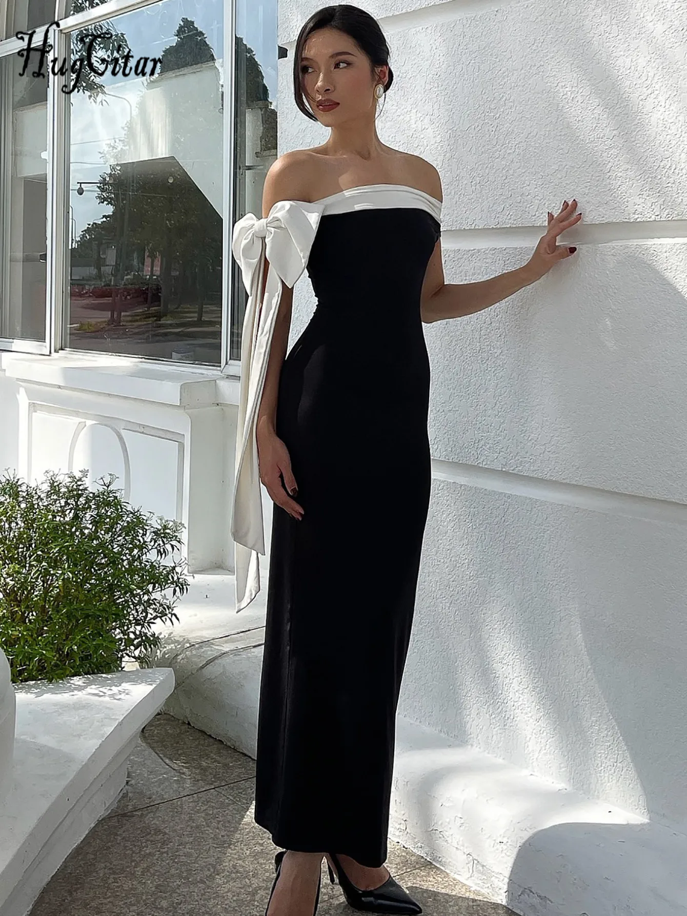 Hugcitar كتلة الألوان مائل الرقبة القوس ضمادة مثير Bodycon ماكسي فستان الحفلة الراقصة الصيف النساء أنيقة Y2K ملابس الزفاف مساء حفلة