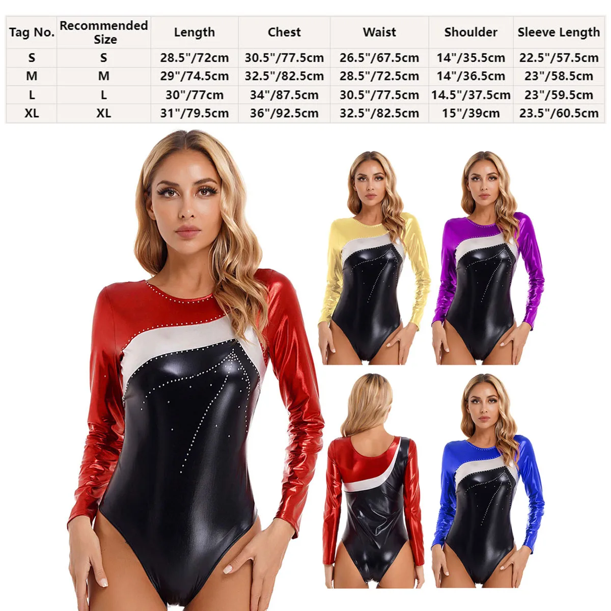 Women Rhinestone Long Sleeves Gymnastics Workot Bodysuit Bronzing Cloth Ballet Dance Leotard Jumpsuit Romper Skating Dancewear