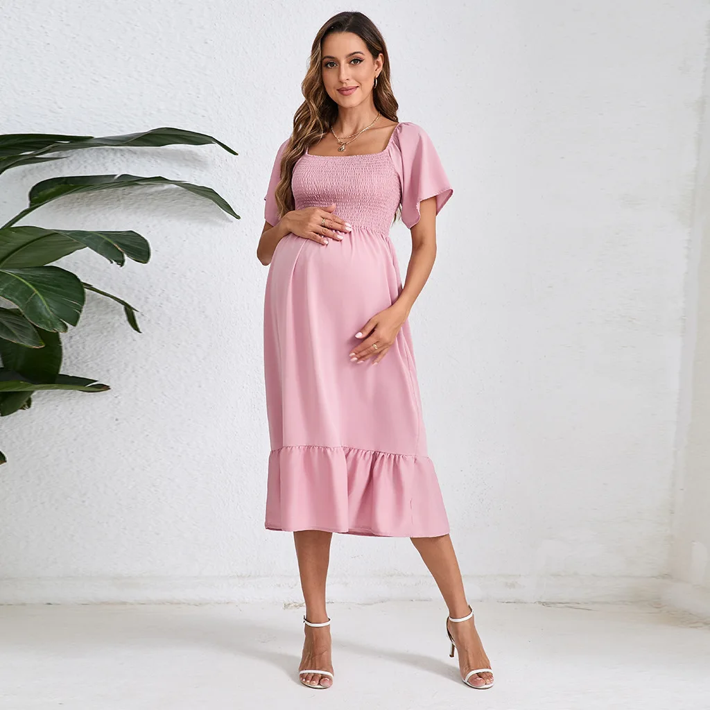Summer Dress Solid Pink Chiffon Maternity Dresses For Pregnant Women Short  Sleeve Long Dresses - AliExpress 200000345