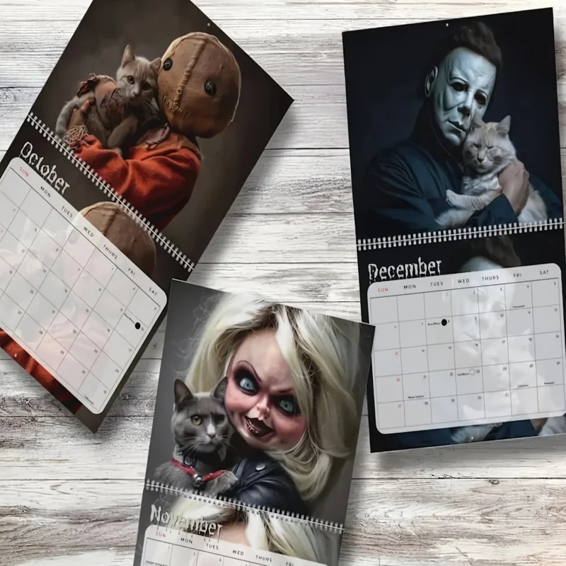 1pc2026Calendario gatto horror, etichetta12Design elegante e semplice con datteri mensili e pennarelli natalizi