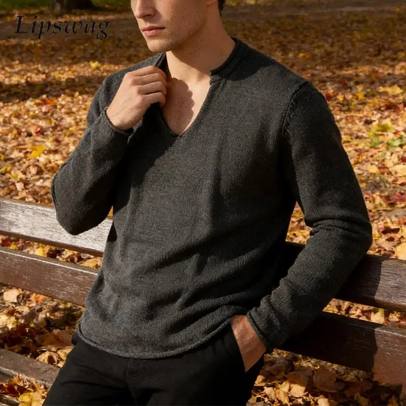 

Stylish V Neck Long Sleeve Sweaters Men 2026 Spring Autumn Fashionable Slim Bottoming Tops Knitting Solid Color Mens Jumper Top
