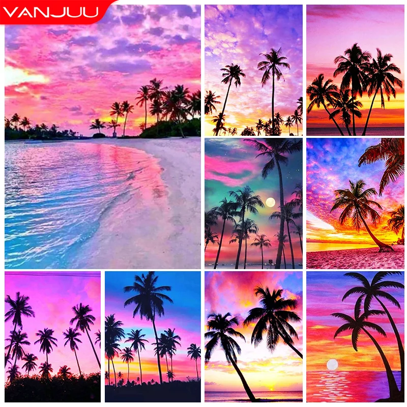 5D Sunset Landscape Diamond Painting Seaside Coconut Tree Diamond Embroidery Full Drill Mosaic Rhinestone Pictures Home Decor