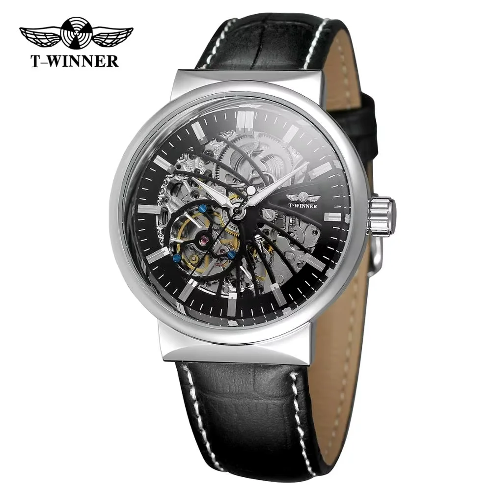 

T-WINNER watch fashion trend black leather belt casual luxury automatic man wrist mechanical watch