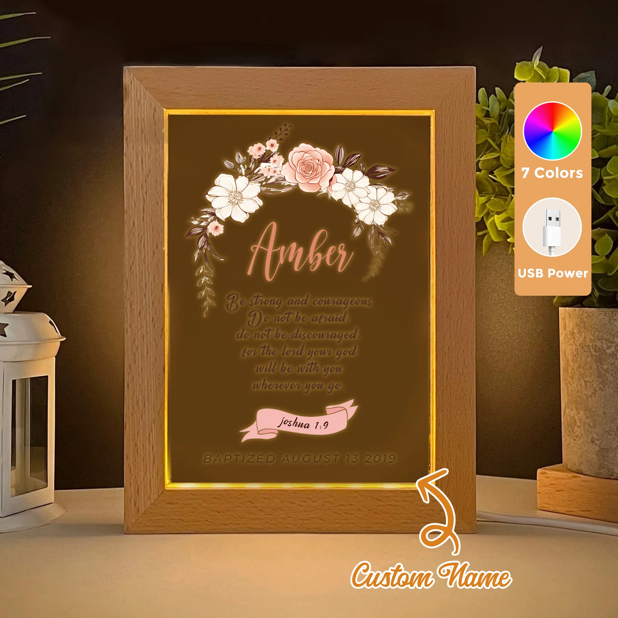 

2D Flat Custom Name Baptism Christianity LED Acrylic Night Light Wood Photo Frame 21x17cm Family Bedroom Gifts Home Decor