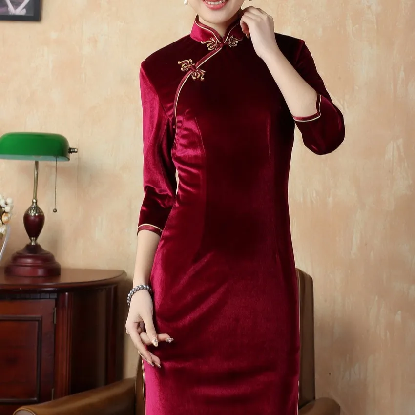 

Китайское платье Cheongsam, новое однотонное элегантное эластичное бархатное платье с рукавами 3/4