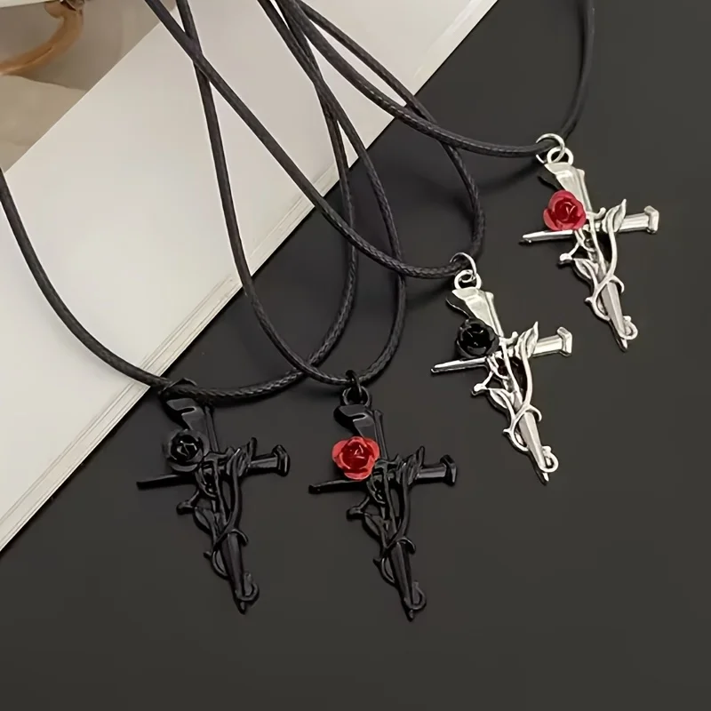4Pcs Gothic Rose Cross Pendant Necklace Set Black Wax Rope Necklace Retro Flower Dagger Pendant Aesthetic Jewelry