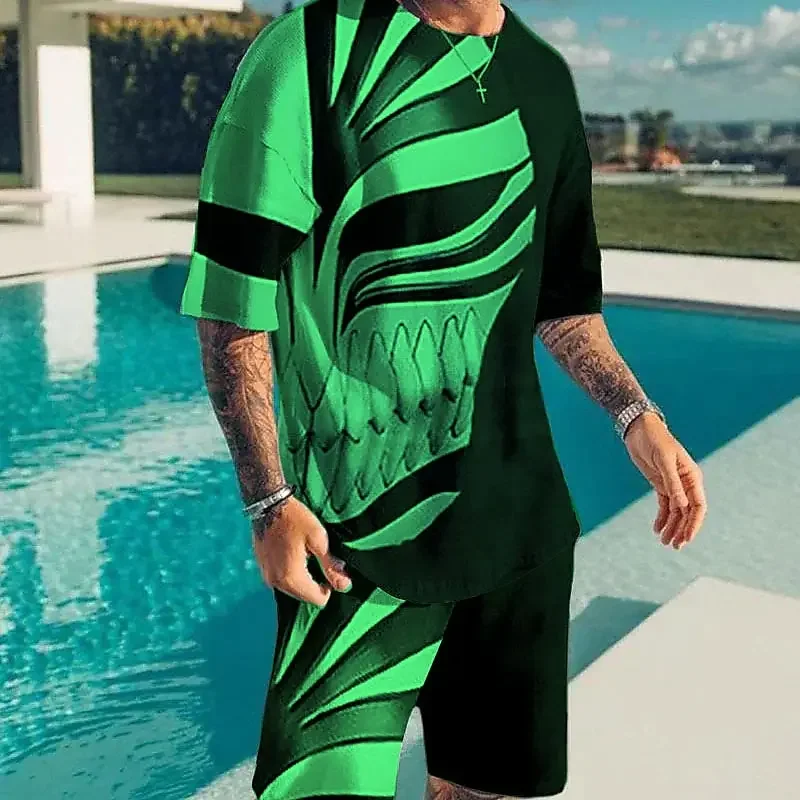 2025 3D Printed Fashionable Outdoor Leisure Sports T-shirt Shorts Summer Men's Two-piece Loose Round Neck Elastic Waist Set