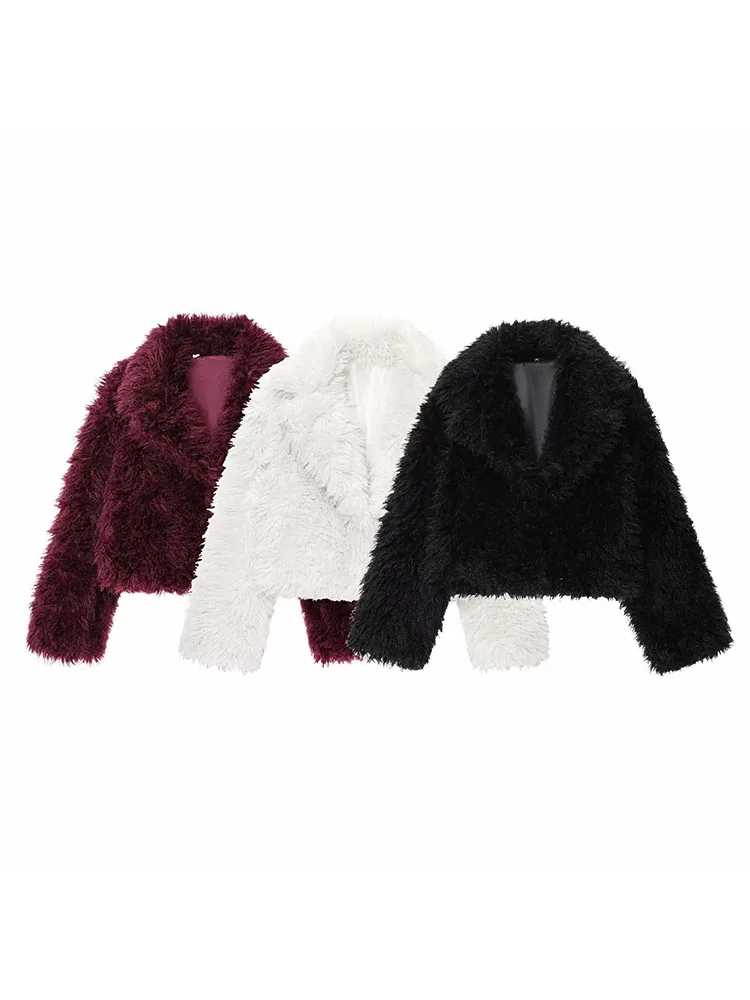 Chaqueta con efecto de piel sintética y solapa ancha para mujer, abrigo corto decorado con bolsillo y temperamento elegante, otoño 2025