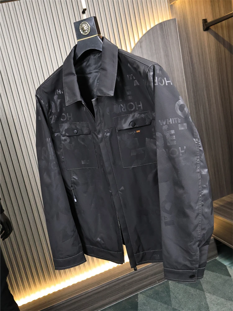 

Faionable Letter Pattern Tka Jaet Men's Woven Water Resistant Stand Collar Spring Outerwear Casual Loose Fit Long Sve