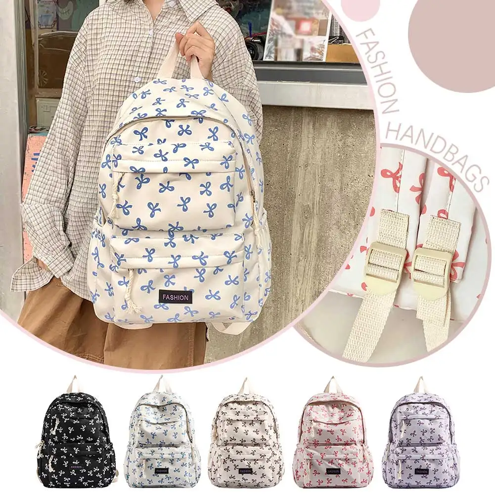 حقيبة ظهر مدرسية مطبوعة على شكل فيونكة حقيبة ظهر جامعية Preppy حقيبة مدرسية متوسطة للفتيات المراهقات