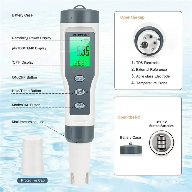 

Tds/ph/temp воды 3 воды, воды, цифровой 1 PH питьевой тестер Гидропоника Измеритель для воды, для бассейна, In