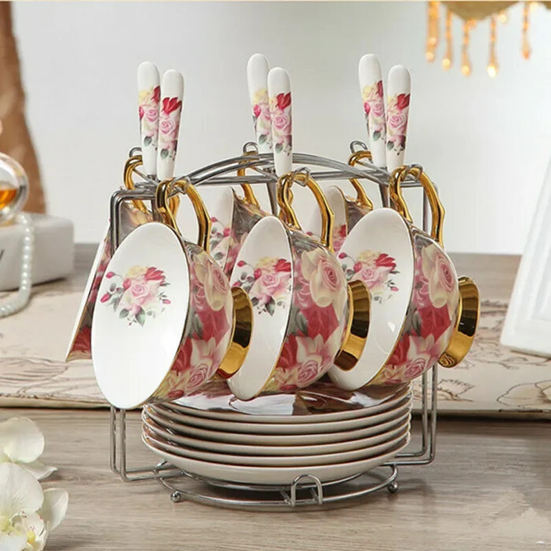 

Royal Bone China Coffee Cup Set of 6 Pieces with Spoon and Metal Rack European Tea Set Ceramic Teaware Floral Pattern Drinkware